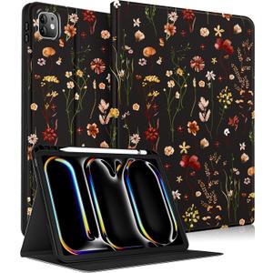 for iPad Pro 11 Inch Case M5 2025/M4 2024 - Smart Folio Cover (Auto Wake/Sleep) with Build-in Pencil Holder for Apple Tablet Soft PU Leather Cover for Women Girls,Retro Floral (Black Retro Flower)