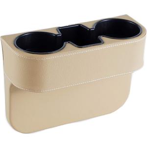 IOKONE Coin Side Pocket Console Side Pocket Leather Cover Car Cup Holder Auto Front Seat Organizer Cell Mobile Phone Holder (Beige)