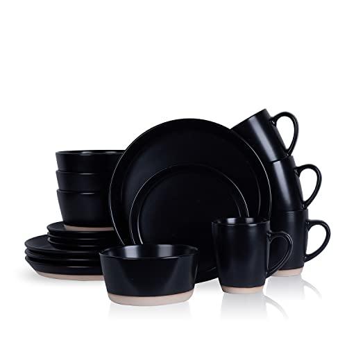 Stone Lain Jules Modern Stoneware 12-piece Round Black Dinnerware Set, Plates and Bowls Sets, Black, 2 Big Plates, 2 Small Plates, 4 Cups, 4 Bowls