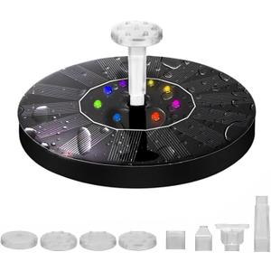 Solar Powered Fountain Pump for Bird Bath, Garden, Pond & Outdoor Decor - 7 Nozzles, 4 Fixers, Colorful LED Lights, Upgraded Glass Panel, Small Water Fountain for Fish Tank & Swimming Pool