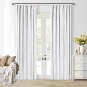 Snow White Pinch Pleated Blackout Linen Curtains 86 Inches Long for Bedroom Pleated 100% Black Out Drapes with Liner Modern Farmhouse Extra Long 86 Inch Window Curtain Panel for Living Dining Room