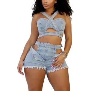 Molilove 2 Piece Denim Outfits Sexy Sleeveless Crossover Cami Top Hollow Out Jean Shorts Set Summer Y2K Tracksuit (Blue, XL)