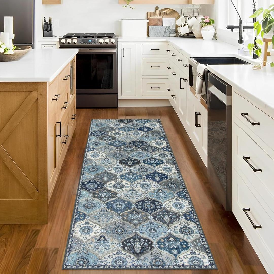 2x6 Kitchen Runner Rugs Non Skid Washable, Moroccan Trellis Rug for Hallways, Soft Low Pile Carpet Floor for Entryway Bedroom Bathroom Laundry (Blue)