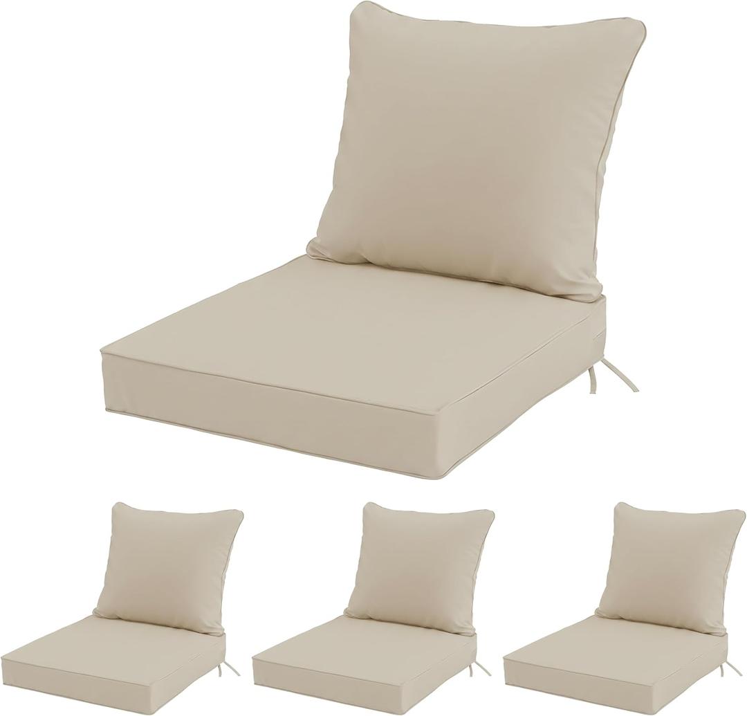22x22 Inch Patio Chair Cushions Set of 4, Outdoor Furniture Cushions - Removable Cover, Water-Repellent, Fade-Resistant, Non-Slip Bottom & Straps, Replacement for Lawn, Porch & Deck Chair - Cream