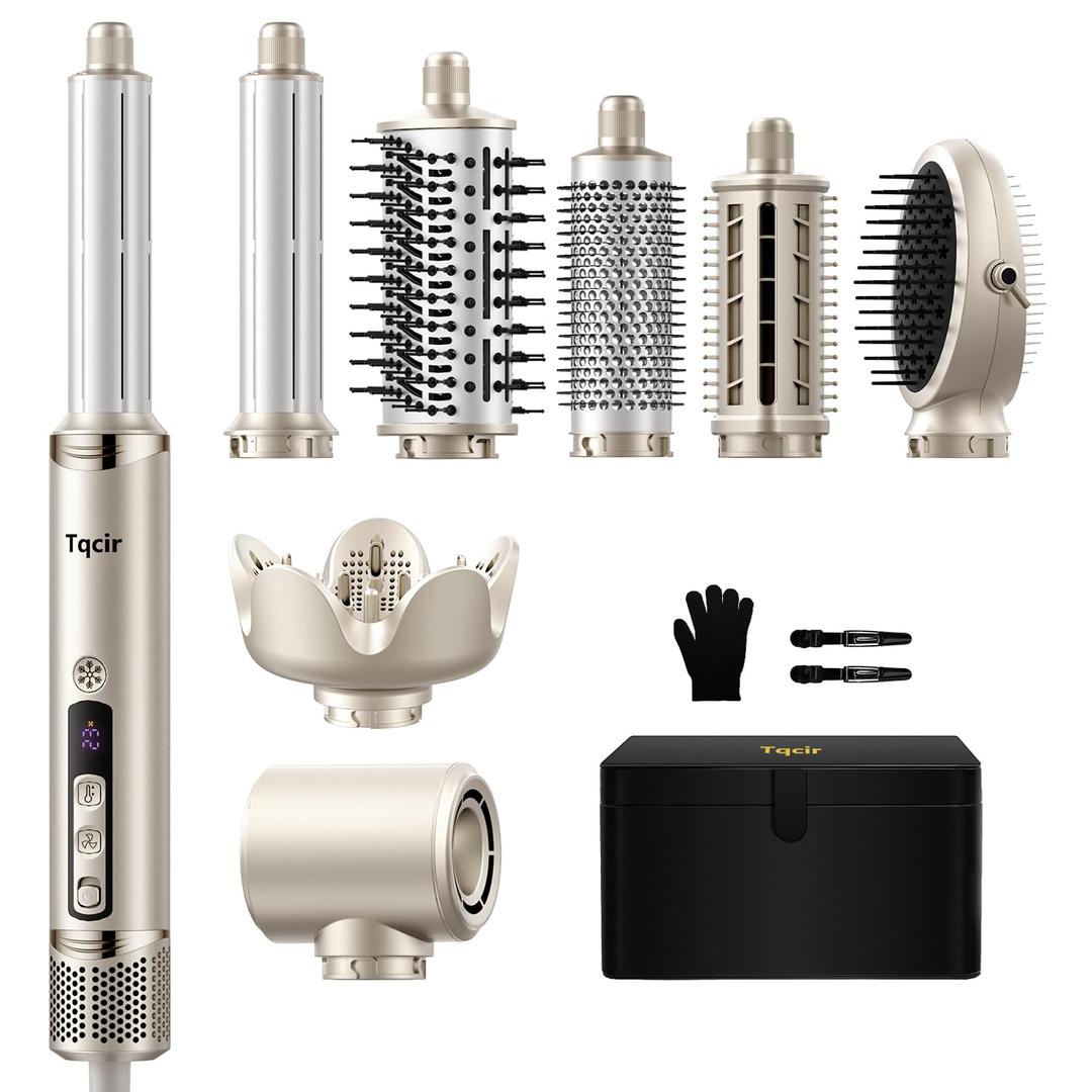 8-in-1 Professional Hot Air Styler&Hair Dryer Brush, Powerful Multi-Styler with Auto-Wrap Curler with Storage Case, Fast Drying Curling Straightening Volumizing Without Heat Damage(Gold)