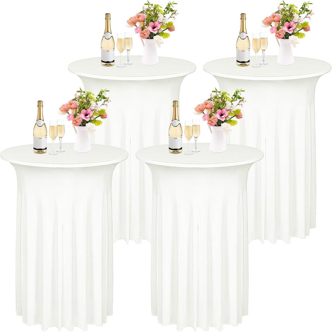Kochorie 4 Pieces Cocktail Table Skirt 32 x 43 Inch Round Cocktail Tablecloths with Skirt Spandex Stretch Table Covers for Wedding Banquet High Top Tables Bar Party Decor (Ivory)