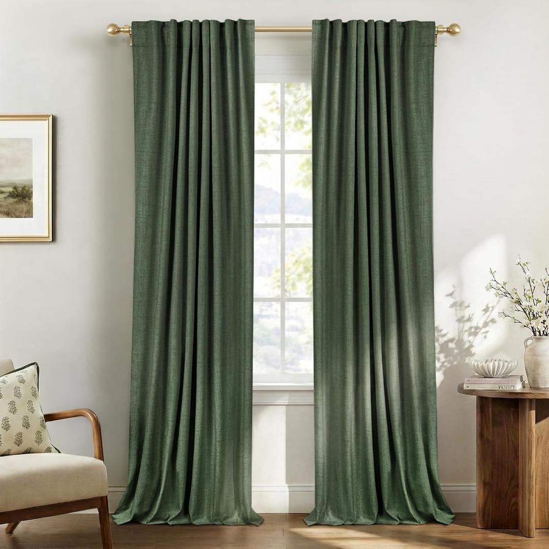 100% Blackout Shield Green Linen Blackout Curtains for Bedroom 102 Inches Long, Back Tab/Rod Pocket Living Room Drapes, Thermal Insulated Blackout Curtains 2 Panels Set, 50" W x 102" L,Loden
