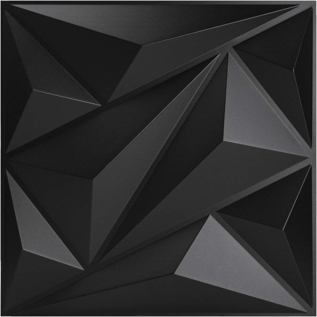 Art3dwallpanels PVC 3D Wall Panel Diamond for Interior Wall Dcor in Black, 19.7" x 19.7" Wall Decor PVC Panel, 3D Textured Wall Panels, Pack of 12 Tiles (Matte Black)