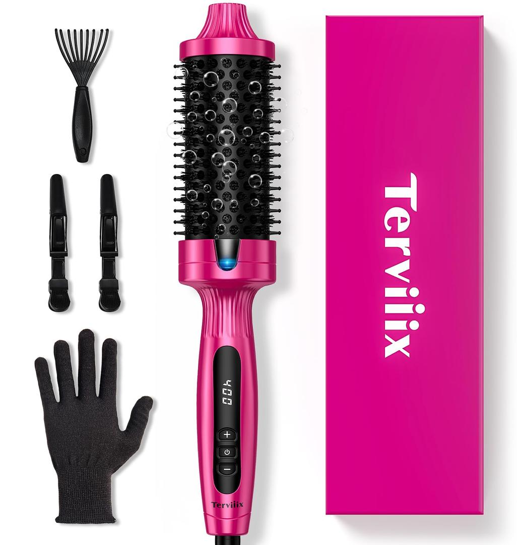 Terviiix 1.77" Ionic Thermal Brush, Heated Round Brush with Dual MCH Tech, 9 Temp Adjustments, 30S Fast Heating, Easily Create 90's Voluminous & Smooth Style, Non-Blowing, Dual Voltage (Hot Pink)