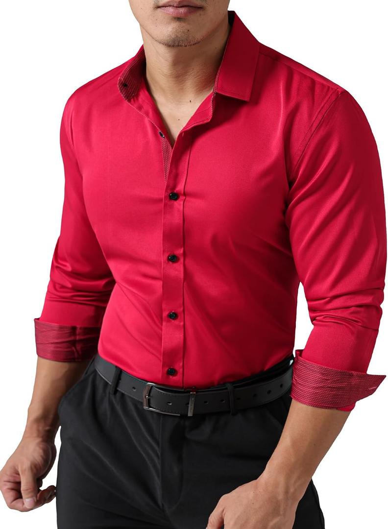 JOGAL Men's Dress Shirts Regular Fit Long Sleeve Stretch Business Wedding Button Down Shirts (Red, L)
