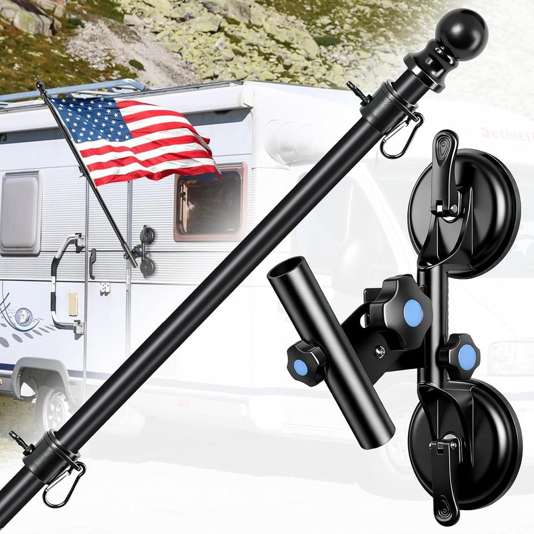 Suction Cup Flag Holder with Flag Pole for RV, RV Flagpole Mount Kit with Angle Adjustable, Quick Flag Pole Mount Kit for Holds Flags, Heavy Duty Flagpole Holder for Camper, Truck, Trailer, Boat (Large)