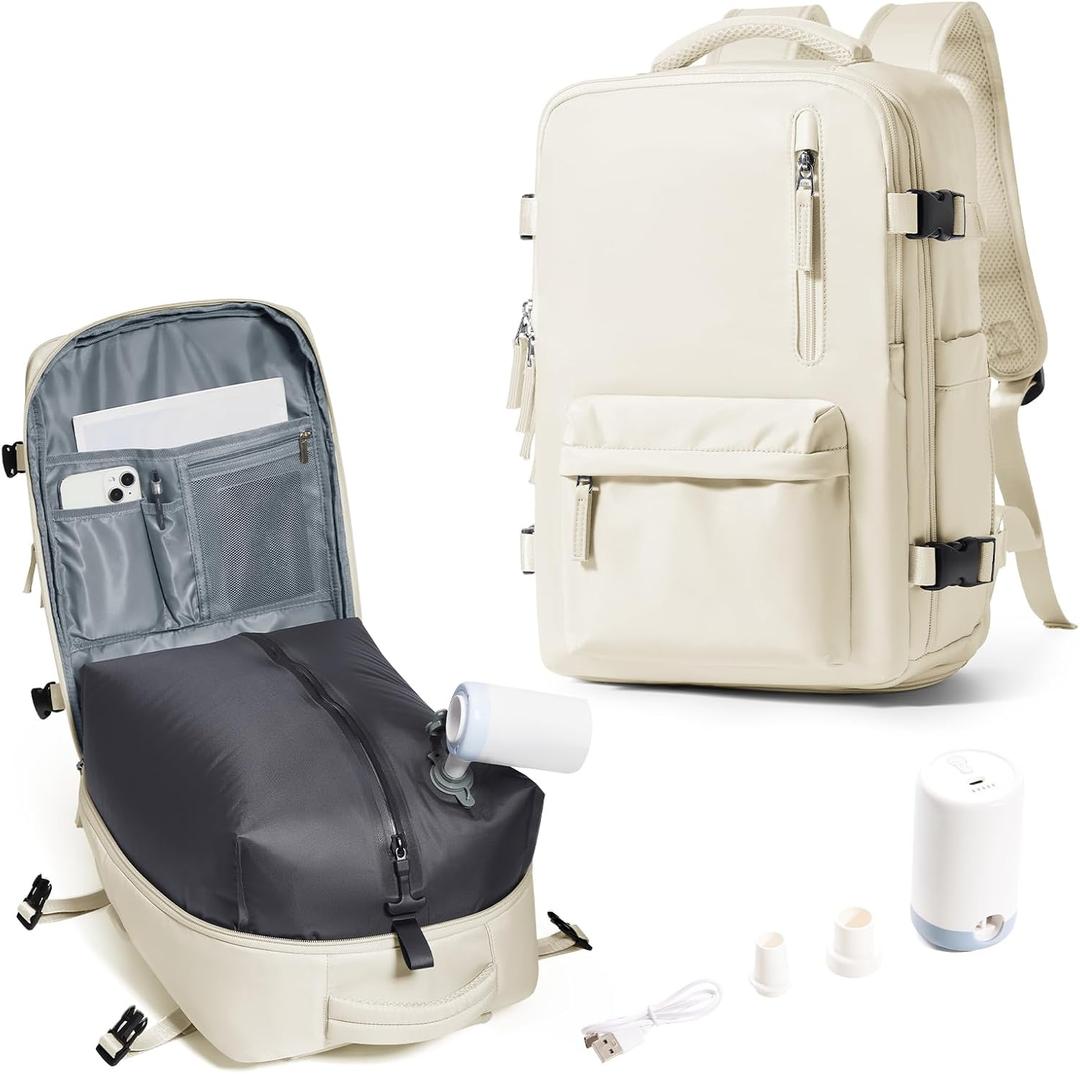 SEAFEW Vacuum Travel Backpack with Electric Pump, Waterproof Personal Item Bag, Women & Men's Anti-Theft Laptop Daypack for Work Trip Gym with Wet Bag & Shoe Compartment, Beige