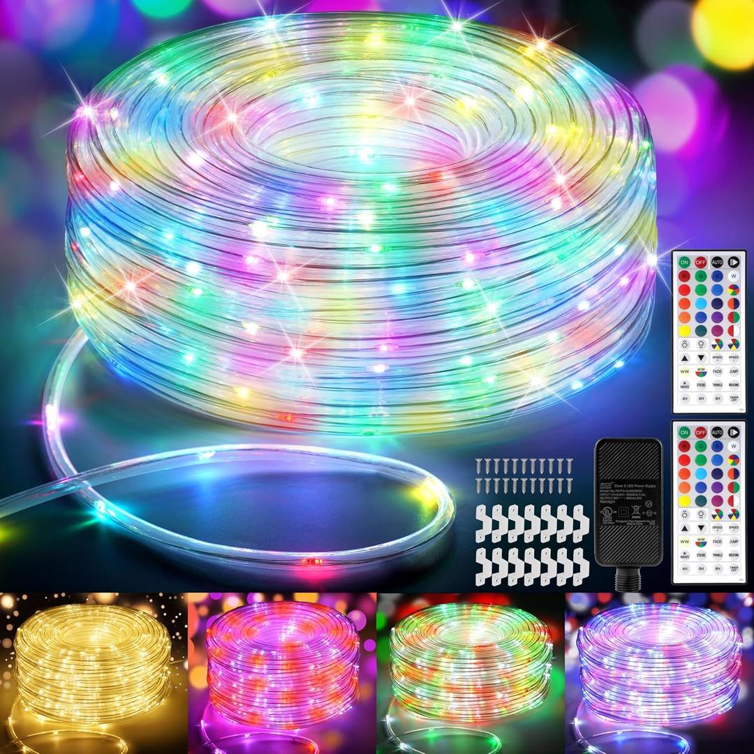 StarryEver 100FT 300LED Rope Lights Outdoor String Lights Plug in, Warm White & Color Changing Christmas Lights Outdoor,Waterproof Fairy Lights with Remote for Balcony(Not Connectable)