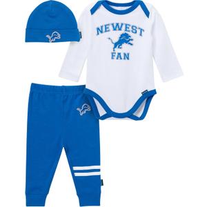 Gerber NFL Team Baby Boys' 3-Piece Onesie Bodysuit, Active Pant and Cap Set, Lions, 0-3 Months