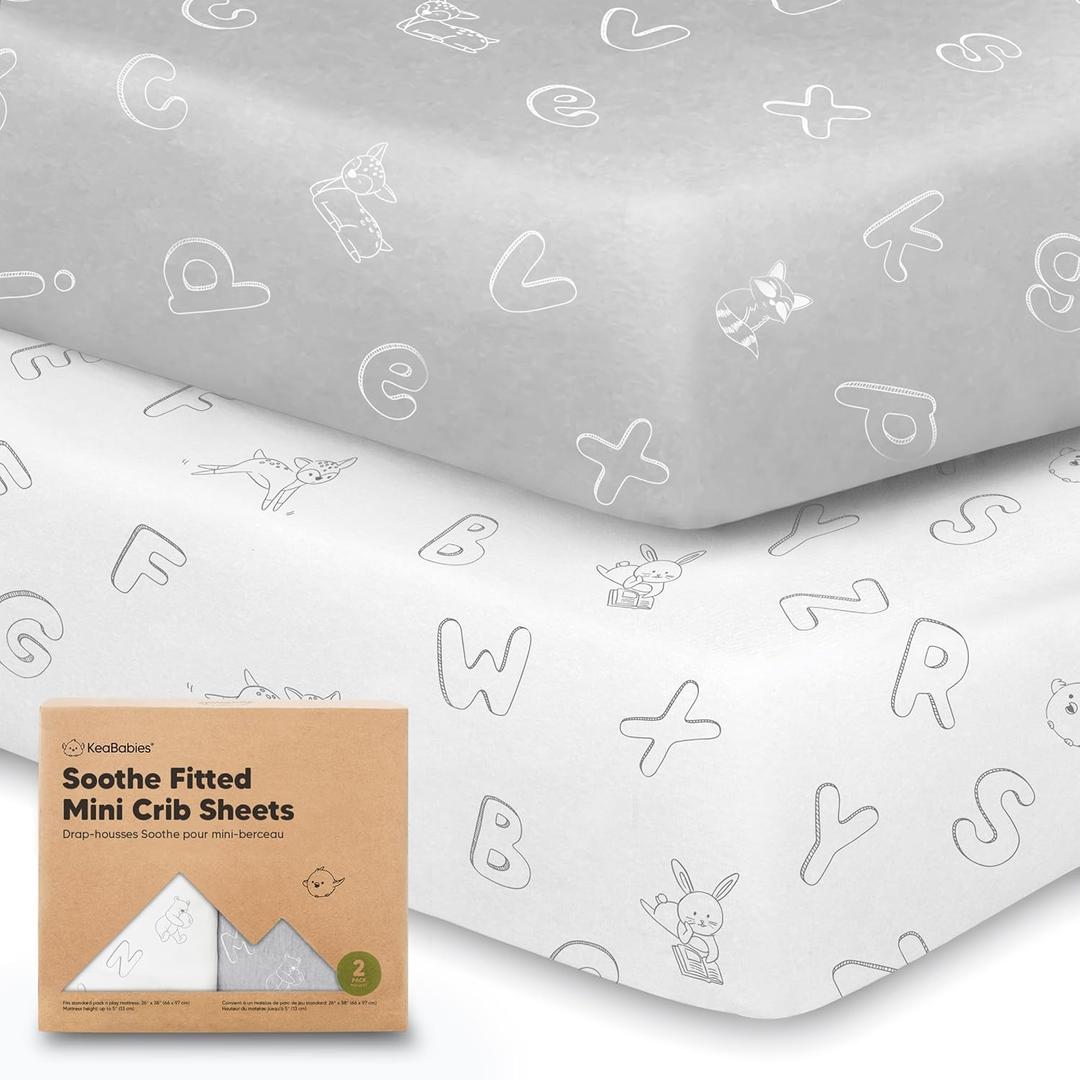 2-Pack Mini Crib Sheets Fitted - 38x26 Pack N Play Sheets for Pack and Play Mattress, Organic Cotton, Soft & Breathable Playard Bedding, Neutral Mini Toddler Bed Cover for Boys, Girls (ABC Land)