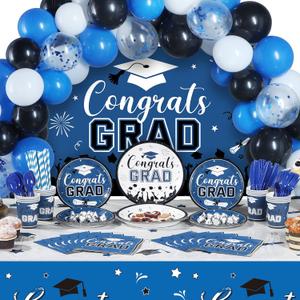 Tatuo 277 Pcs Graduation Decoration Class of 2025 Party Supplies Kit Congrats Balloons Grad Party Disposable Dinnerware Backdrop Tablecloth for High School College Grad Celebration, Serves 24(Blue)