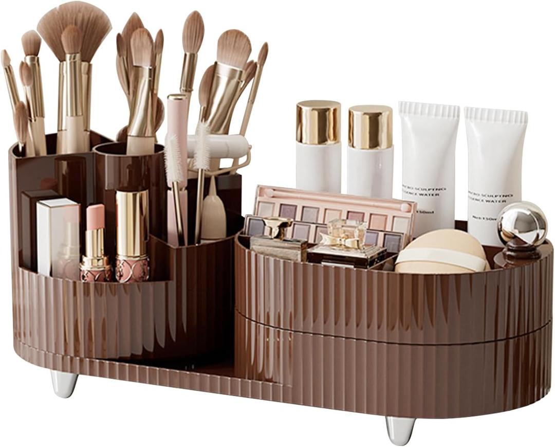 DASITON Makeup Organizer Countertop, 360 Rotating Makeup Brush Holder Organizer, Large Capacity Cosmetic Display Case with Drawers, Makeup Storage Organizer for Vanity, Desktop, Bathroom (Coffee 01)