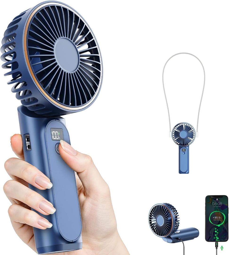 Portable Handheld Fan, 4000mAh, 180 Adjustable, 6 Speed Wind, USB Rechargeable Foldable Fan with Real-Time Electricity Display (Blue)