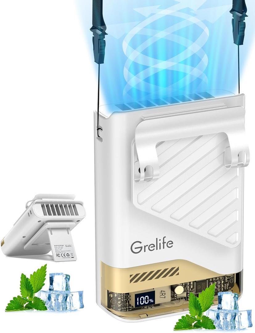 Grelife AI Portable Waist Fan Rechargeable,10000mAh LED Clip Fan,5 Speed 10000RPM 33ft/s Airflow,40H Runtime Hands-Free Neck Fan,Personal Wearable Cooling Fan for Outdoor,Camping,Jobsite,Travel(White)