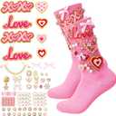Tivi Tovo 94Pcs DIY Valentines Sock and Charms Kit for Women Include 2 Pairs of Socks,85 Valentines Charms, 8 Chenille Embroidered Applique with Glitter Edge Valentine Accessories Decor(Pink,Cute)