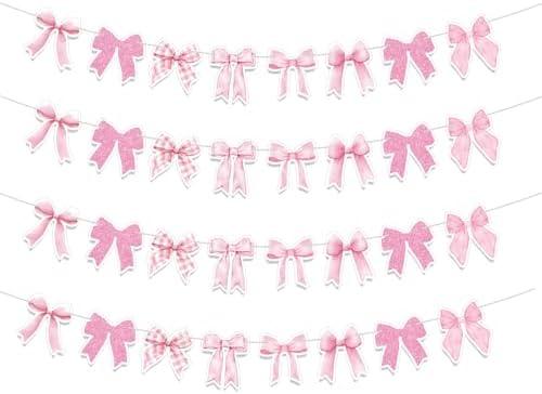 Neyeidru Bow Birthday Decorations Banner - 4Pcs Pink Bow Banner for Coquette Birthday Decorations Bow Garland Bunting for Girls Bow Party Decor Favor Supplies