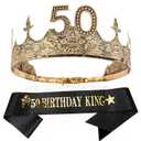 TOBATOBA 50th Birthday Decorations Men 50th Birthday King Crown and Birthday King Sash Set, 50th Birthday Gifts for Him Happy 50th Birthday Decorations for Men