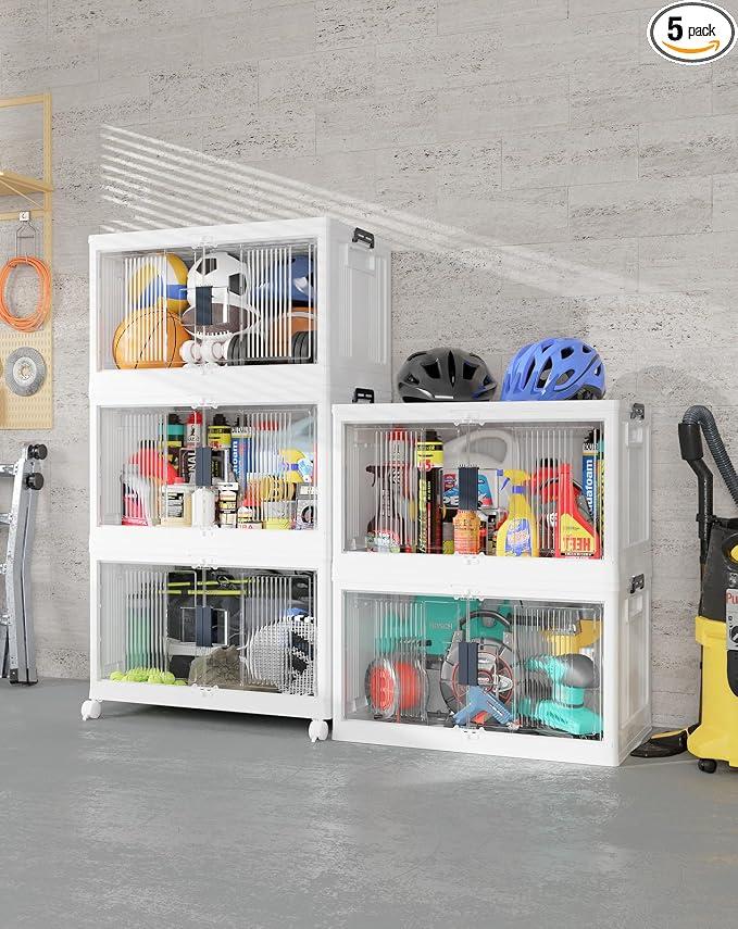 OlarHike 97QT Stackable Storage Bins with Lids - Folding Storage Box with Doors and Wheels, Collapsible Plastic Storage Drawers for Closets and Organization, Garage, 5 Pack Cubes