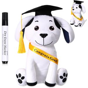 Zomiboo Graduation Dog Autograph Stuffed Animal 2026 Smooth Fabric Stuffed Toy with Congrats Grad Signature Dog Animal with Marking Pen Gold Tassels for Graduate Party Supplies(Black)