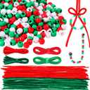 Jutom 1042 Piece Christmas Pony Beads Kit 1000 Red Green White Plastic Beads 40 Christmas Pipe Cleaners 2 Feet Ribbons for Xmas Tree Wreath Decorations DIY Crafts Jewelry Making(Assorted Color)