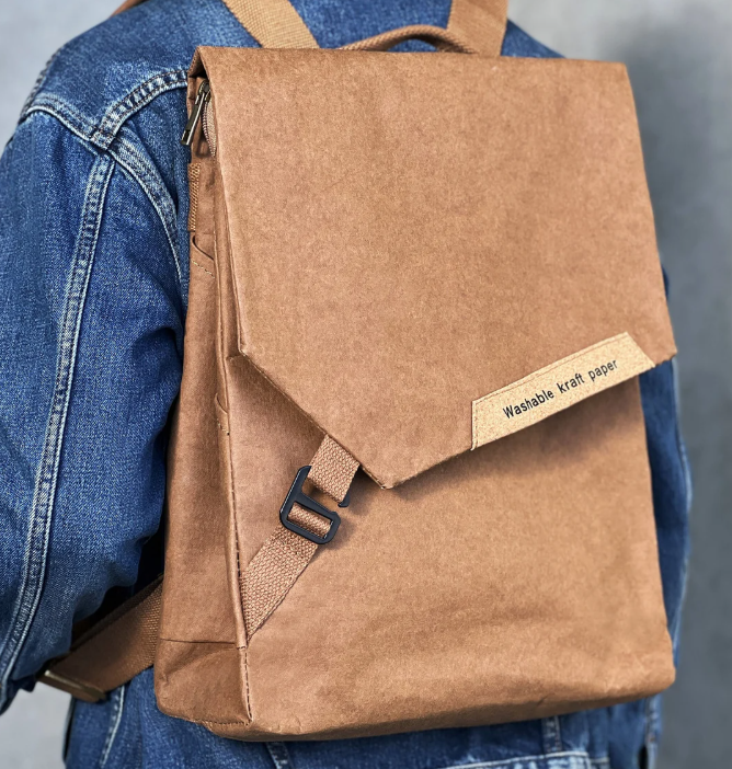 Kraft paper backpack, vegan backpack, vegan leather, sustainable backpack made of washable kraft paper, for laptops up to 15.6 inches, 12×16inch
