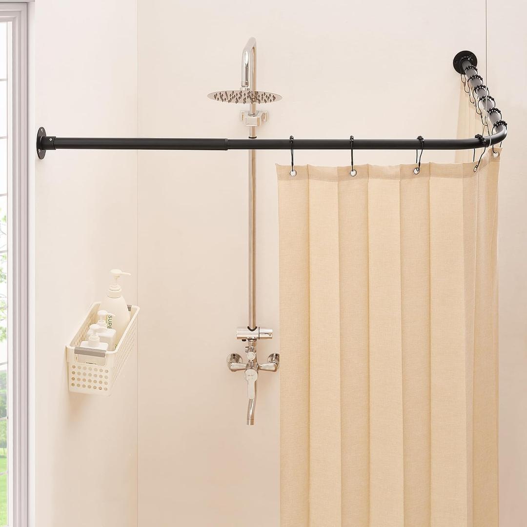 L Shaped Corner Shower Curtain Rod, [39"-67.8"] x [55"-84"] Heavy Duty 90 Degree Adjustable Shower Pole for Bathroom, Bathtub & Outdoor with 12 Hooks & Ceiling Support - Matte Black
