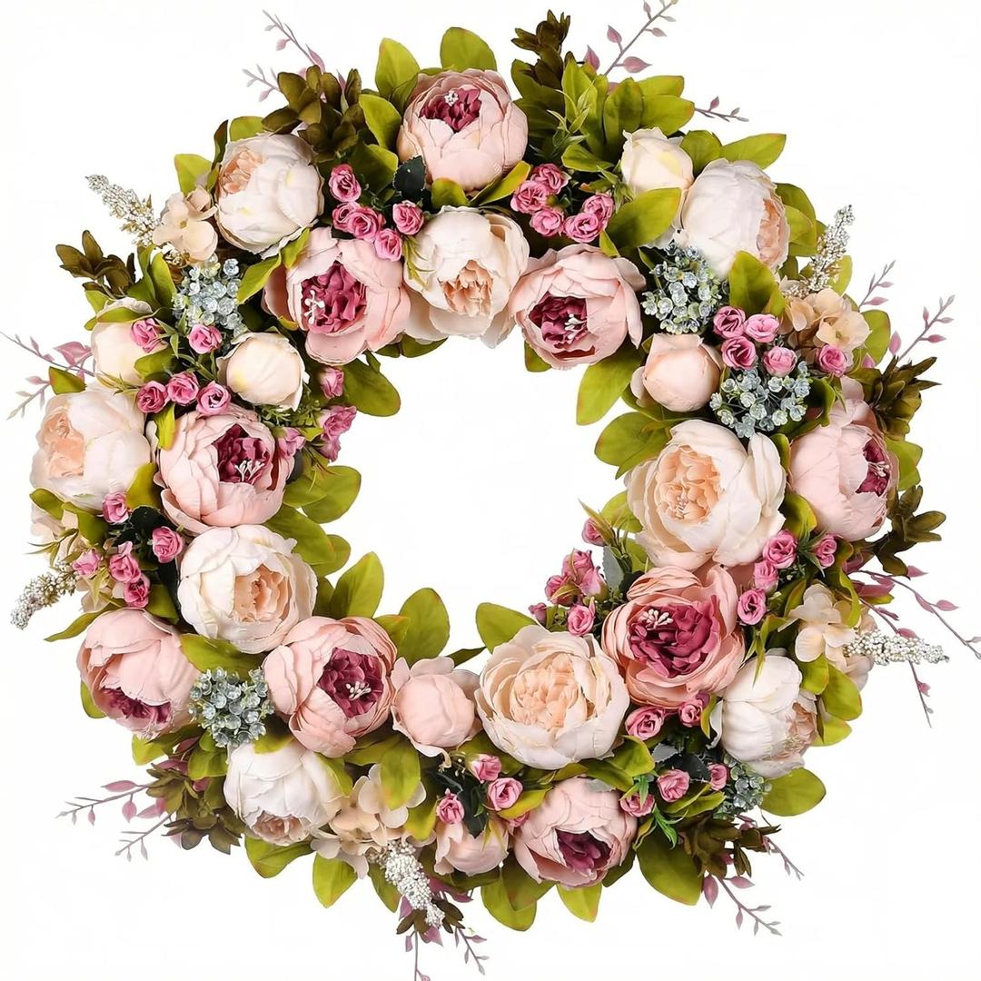 Front Door Wreath, 22 Inch Spring Wreath Handmade Peony Rose Door Summer Wreaths for Outdoor Front Door, Wall and Window Decor (Pink)