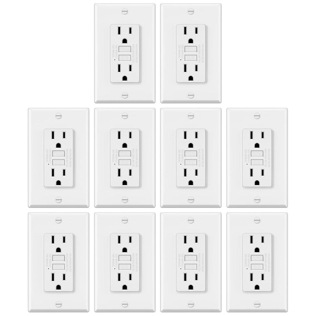 10 Pack GFCI Outlets 15 Amp, Non-Tamper Resistant, Decor GFI Receptacles with LED Indicator, Ground Fault Circuit Interrupter, Wallplate Included, ETL Listed, White
