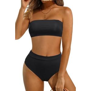 Tempt Me Women Bandeau Bikini Set Strapless Two Piece Sexy Swimsuit High Waisted High Cut Bathing Suits Cheeky Swimwear, XXL