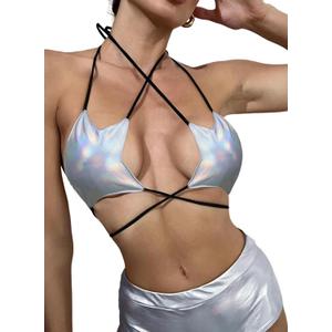 Rave Star Top for Women - EDC Festival Sexy Halter Party Dance Bra Backless Strappy Crisscross Wrap Tie Outfits (Small, Silver Holographic)