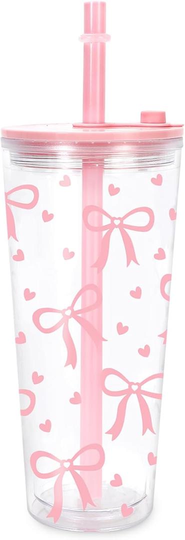 Pink Bow Reusable Boba Cup Coquette Bowknot Heart Bubble Tea Cup with Lid and Straw 24 oz Double Wall Insulated Tumbler for Boba Pearls Drink Birthday Baby Shower