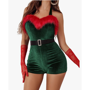 Avidlove Womens Sexy Santa Costume Velvet Romper Christmas Shorts Bodysuit Lingerie with Belt,XL