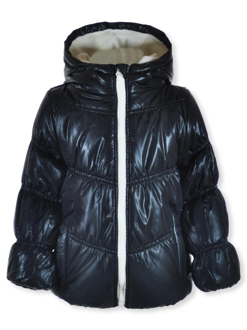 WeatherTamer Girls' Fleece-Lined Hooded Puffer Jacket, Black, 4