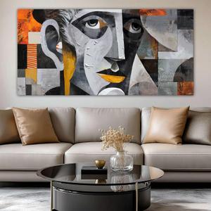 YDYSUNE Extra Large Abstract Wall Art, Geometric Male Portrait Cubism Painting, Grey Face Art Canvas Decor for Living Room & Office, Framed Ready to Hang 29×58 Inch