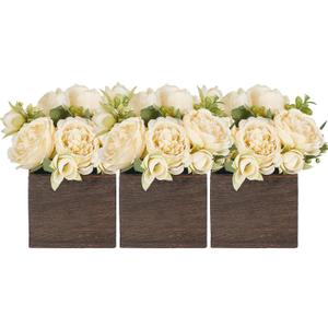 Dahey Small Flower Centerpieces for Tables Set of 3 Artificial Flowers with Wooden Vase Farmhouse Table Decor for Dinning Living Room Kitchen Wedding Party Office Home Decoration