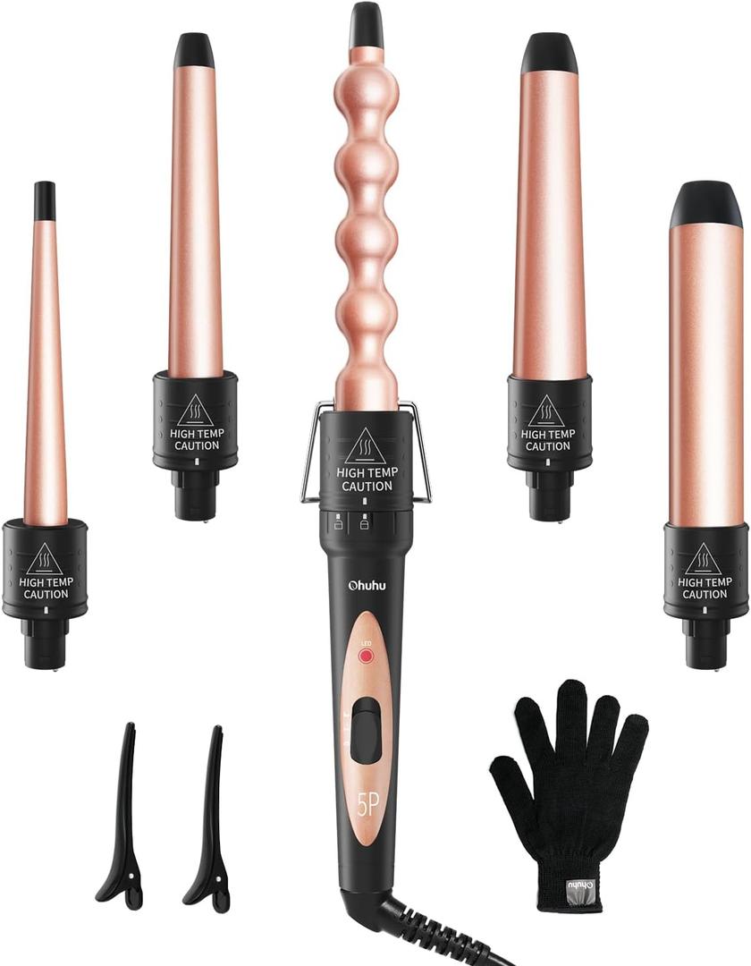 5 in 1 Curling Wand Set: Ohuhu Curling Iron Wand 5Pcs 0.35 to 1.25 Inch Interchangeable Ceramic Barrel Heat Protective Glove 2 Clips Dual Voltage Hair Curler Women Rose Gold