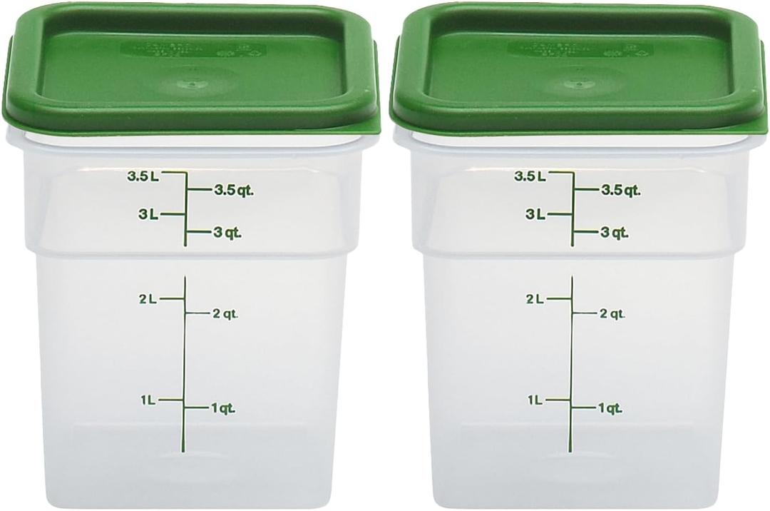 Cambro Food Storage Container with Lid (Microwave Safe and BPA-Free) - 2 Pack - Classic Series Square with Green Lid - 4 QT (Quart) - Commercial Grade for Food Prep (Translucent)