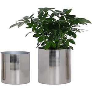 MyGift 5.2 and 6 Inch Round Handmade Shiny Silver Tone Metal Plant Pot Covers, Decorative Indoor Tabletop Houseplant Planter Containers, 2 Piece Set - Handcrafted in India
