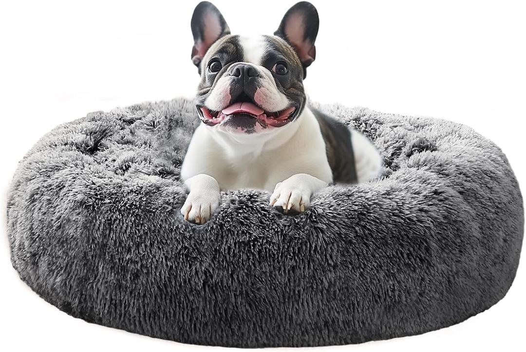 JOLLYVOGUE Calming Dog Bed Medium Size Dog, 31in Donut Washable Medium Pet Bed, Anti-Slip & Anti-Anxiety Fluffy Faux Fur Round Dogs Bed, Fits up to 45 lbs Pets (Smoke Black) 