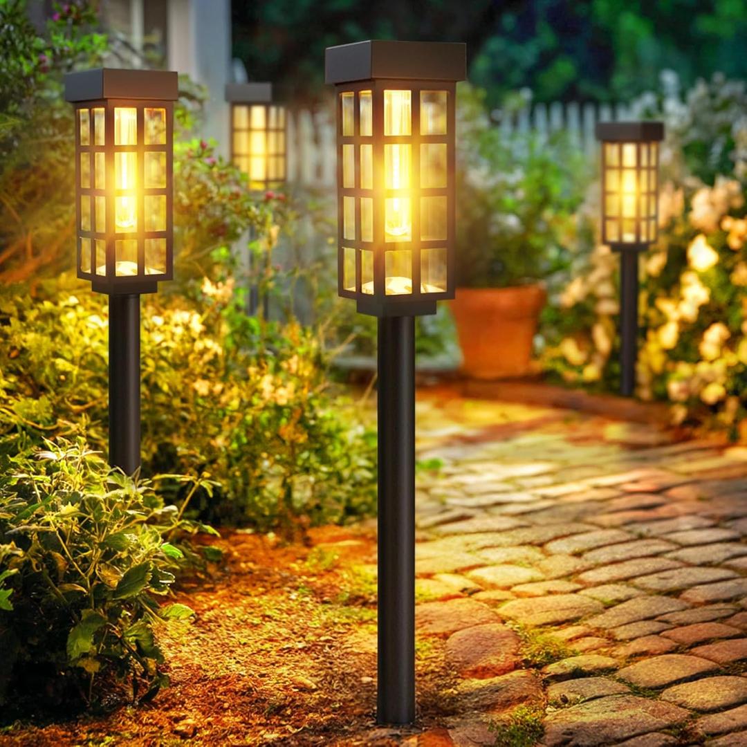PASAMIC 24" Solar Pathway Lights Outdoor, 8 Pack Bright Garden Light with Auto On/Off, IP65 Solar Lights Outdoor Waterproof, Garden Landscape Lighting for Yard, Patio, Walkway, Driveway (Black, BlackGlass)