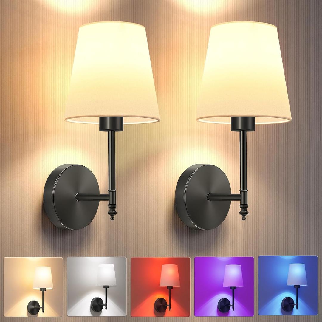 Battery Operated Wall Sconce Set of 2Black Wireless Wall Sconce with 5200mAh Dimmable Detachable Bulbs and Remote, 10 Colors Rechargeable Sconces Decor for Bedroom Living Room Hallway (14.5 inch)