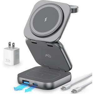 5-in-1 Wireless Charger for MagSafe, AC ISLAND Portable Travel Charging Station, 35W Max Fast Foldable Magnetic Stand, Evolved for iPhone 17-12 & Air Series, Apple Watch, AirPods (with 35W Adapter) (Gray)
