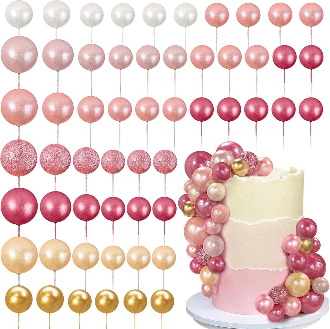 56 PCS Colorful Ball Shaped Cake Topper Pearl Balls Cupcake Cake Insert Topper for Birthday Party Wedding Decoration Supplies(Pink and Seven Colors Series)