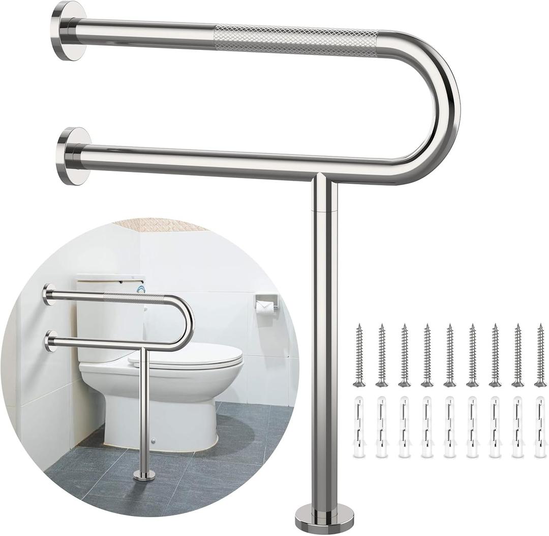 Toilet Support Rail 23.4X 28 Inch, Munzong Anti-Slip Chrome Handicap Grab Bar for Bathroom, Stainless Steel Knurled Safety handrails with Leg for Elderly Disabled Pregnant-1.25Tube