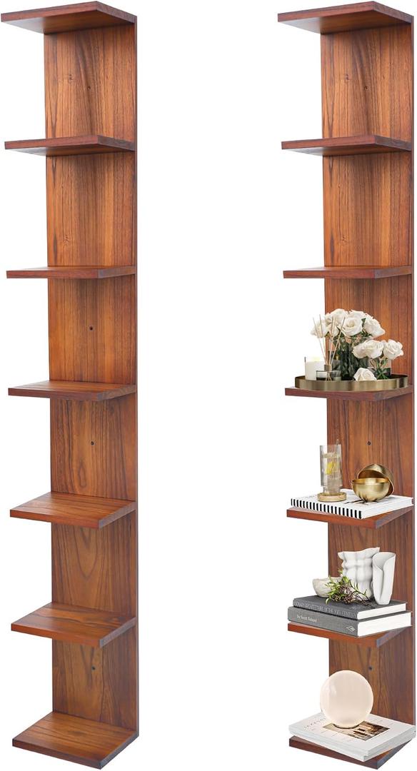 7 Tier Wall Shelf Unit,Vertical Column Floating Storage Home Decor Organizer,Walnut Lack Wall Shelf for Bedroom,Living Room,Office Decor(2 Pack)